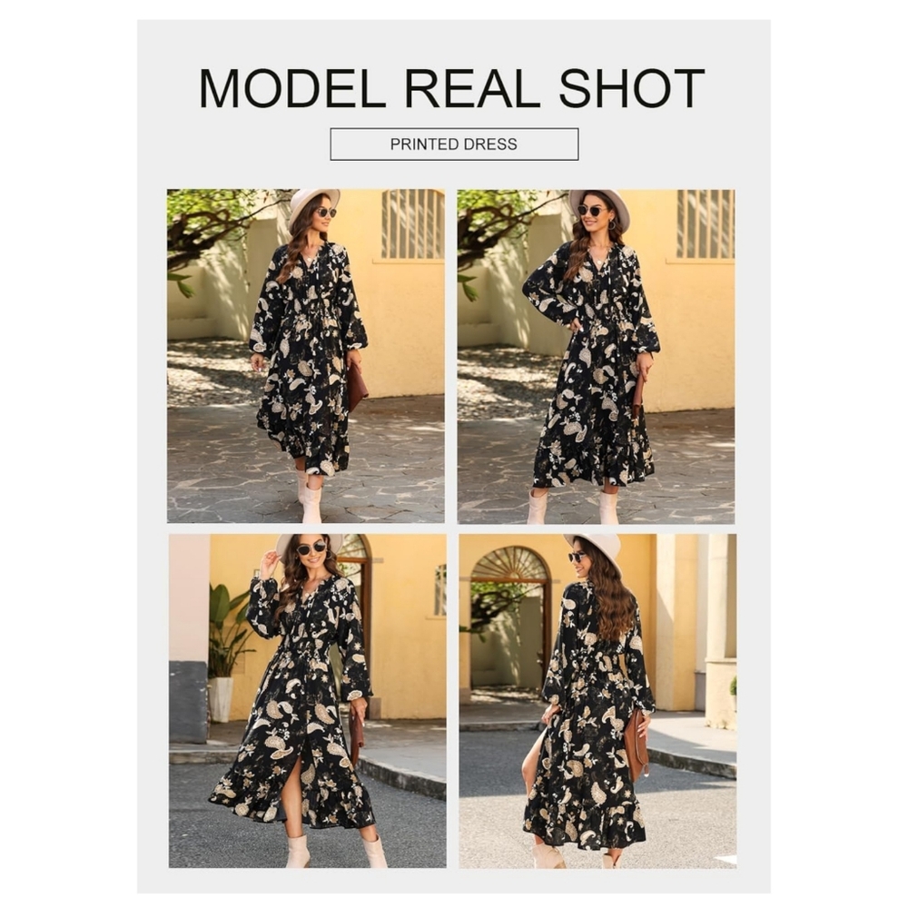 Like New Blencot Black Yellow Paisley Floral Long Sleeve Flowy Maxi Dress L - Picture 7 of 13